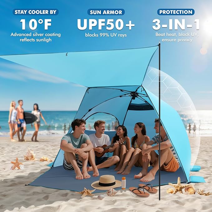 Elegear Beach Tent with Canopy, 1-Second Setup Pop Up Sun Shelter Shade, UPF 50+ UV Protection Silver-Coated Lightweight Portable Beach Cabana