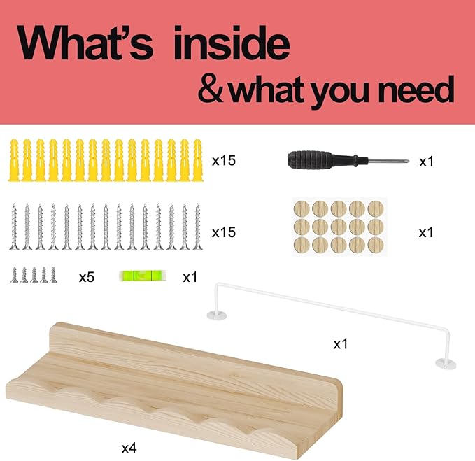 Fixwal Nursery Shelves, 16.5 Inch Floating Bookshelves for Wall Set of 4, Scalloped Wall Book Shelves with Towel Rack for Kids, Toddler Room, Baby Room, Nursery Decor and Storage(Natural Wood)