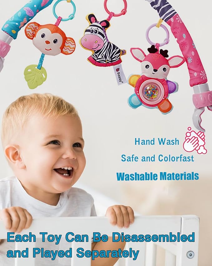 Pau1Hami1ton Baby Stroller Arch Toys, Car Seat Toys,Bouncer Toy Bar/Mobile for Bassinet,Adjustable Baby Hanging Toys Fit for Crib Bed,Stroller,Car Seat.S-19(Pink Zebra)