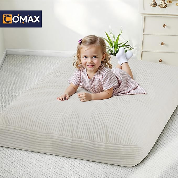 COMAX Kids Bean Bag Chair Turn into Beanbag Bed, Toddler Bean Chair Corduroy for Girl Boy Sleeping, Lazy Children Bean Bags with Filler, Convertible Child Floor Mattress, Beige