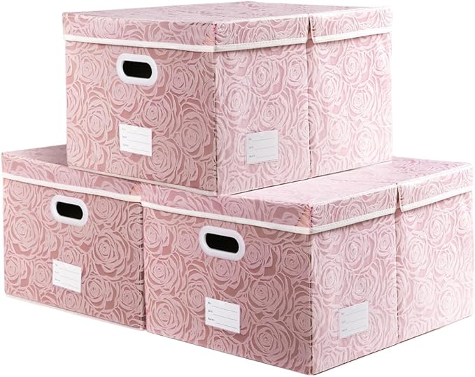 PRANDOM Jumbo Collapsible Storage Boxes with Lids Fabric Decorative Storage Bins Cubes Organizer Baskets with Cover Handles Divider for Bedroom Closet Living Room 23.2x15.7x11.6 Inch 3 Pack