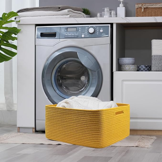 COMFY-HOMI Cotton Rope Woven Basket with Handles for Shelves,Toys,Book, Cloth Storage Baskets for Organizing-17" x 13" x 7.5" Toy Decorative Organizer for Living Room, Bathroom （Yellow）