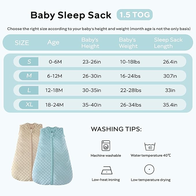 JELLYMONI Fleece Baby Sleep Sack 12-24 Months, 1.5 Tog Warm Winter Baby Wearable Blanket with Plush Dots and 2-Way Zipper, Cotton Toddler Sleep Sack