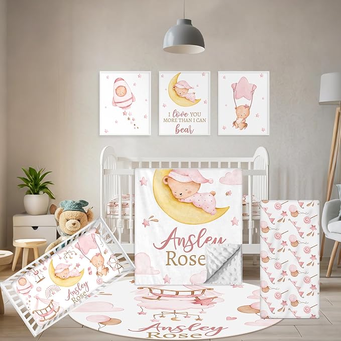 Custom Crib Bedding Set, 5 Pcs Customized Baby Crib Set with Name, Soft Double Layer Nursery Baby Bedding Set for Girls Boys, Personalized for Infants Toddlers, Pink Moon Bear