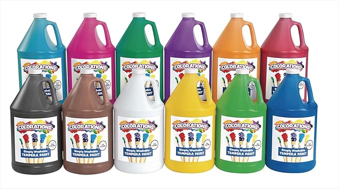 Colorations Washable Tempera Paint, Classroom Art Supplies, School Paints, Gallon Size, 12 Colors, Non Toxic, Bright Bold Color, Kids Paint, Craft, Hobby, Fun, Crafting Supply, Paint Set
