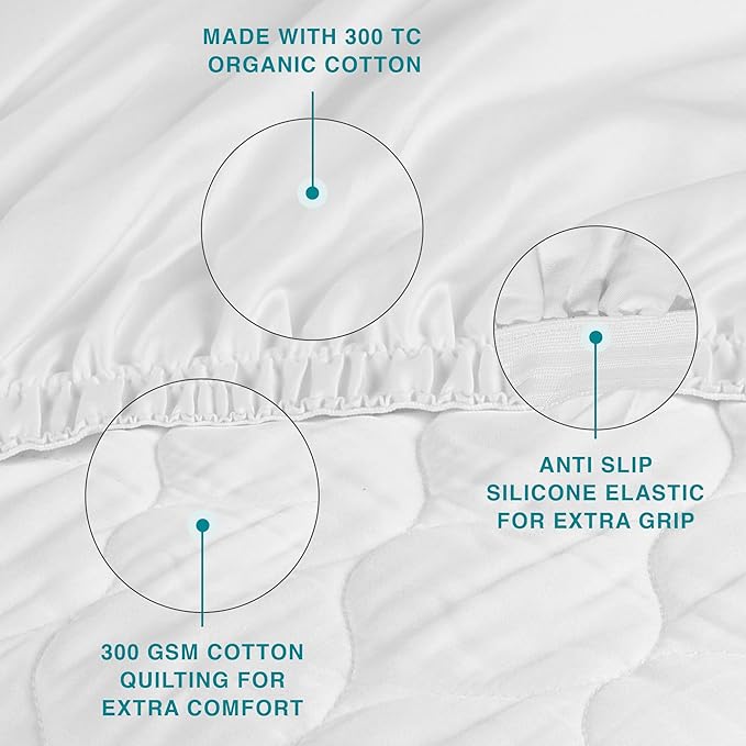 FABDREAMS Organic Quilted Mattress Protector | Mattress Pad| Queen Mattress Cover| Naturally Breathable | Noiseless| Fits up to 17" Deep Pocket| Temperature Regulating | Queen | White