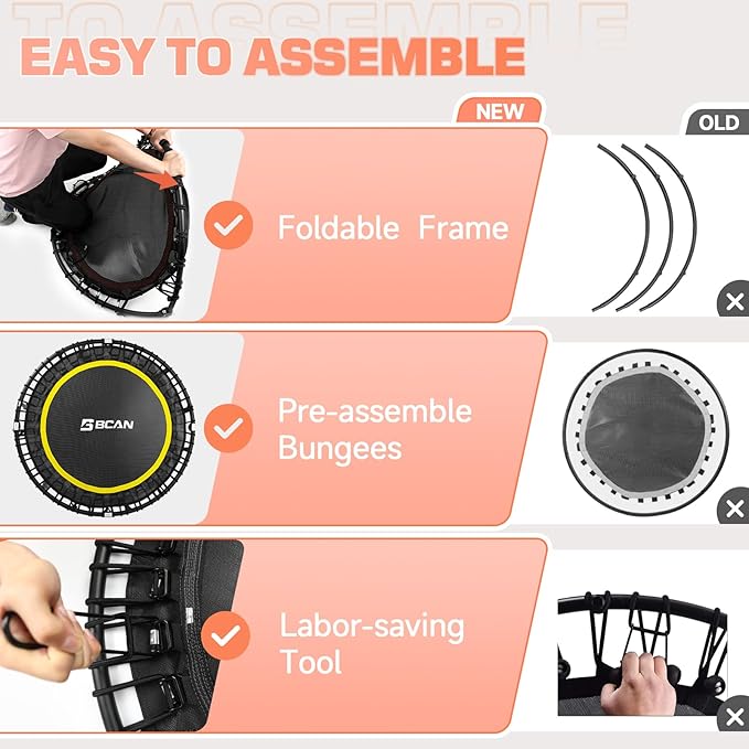 BCAN 40"/48" Mini Rebounder Trampoline for Adults with Bar, 450/550LBS Fitness Trampoline with Bungees, Adjustable Handle, Stable & Quiet, Indoor Outdoor, Whole-Body Workout & Relaxation at Home