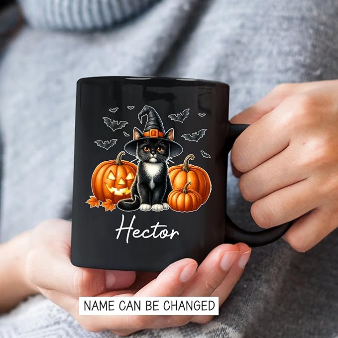 Custom Tuxedo Halloween Coffee Mugs with Name, Personalized Tuxedo with Pumpkins Ceramic Cups, Cat Wearing Witch Hat Black Mug, Cat Halloween Cup 11oz 15oz, Gift for Men Women Pet Lover