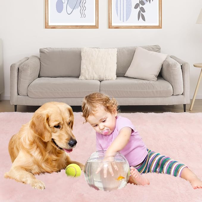 Soft 8x10 Pink Rug, Fluffy Area Rugs for Living Room, Plush Area Rugs for Bedroom, Non-Slip Indoor Carpet for Nursery, Study Room, Kids Room, Room Decor