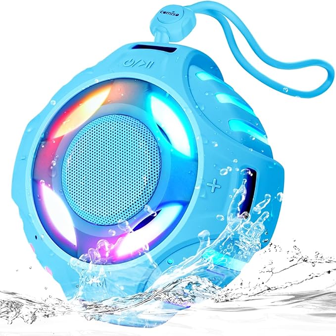 comiso Shower Bluetooth Speaker, IP67 Waterproof Speaker with LED Light, Portable Speakers with True Wireless Stereo, Floating, 2000mAh, Built-in-Mic, Ideal for Travel, Beach, Gifts for Unisex.