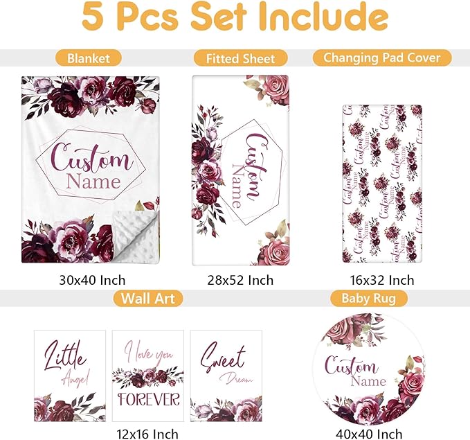 Personalized Crib Bedding Set, 5 Pcs Custom Nursery Bedding Sets with Name, Infant Bedding Set for Baby Girls, Purple Flower Double Layer Baby Crib Set, Babies Toddlers Kids Customized Gifts