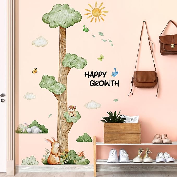 3D Cartoon Height Growth Chart for Kids Wall Stickers Removable DIY Jungle Animals and Plants Height Sticker Peel and Stick Sun White Clouds Wall Art Decor for Nursery Kids Bedroom Living Room