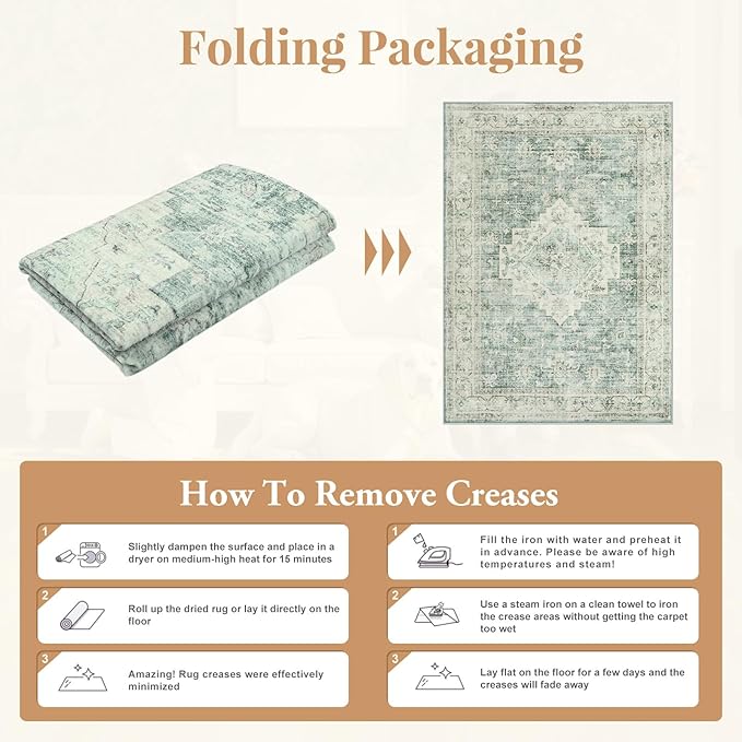 LIVEBOX Entryway Rug 3x5 Washable Area Rugs for Kitchen Bathroom, Non-Slip Front Door Mat for Bedroom, Boho Low-Pile Carpet Farmhouse Throw Indoor Mats for Bath Laundry Room, Sage Green