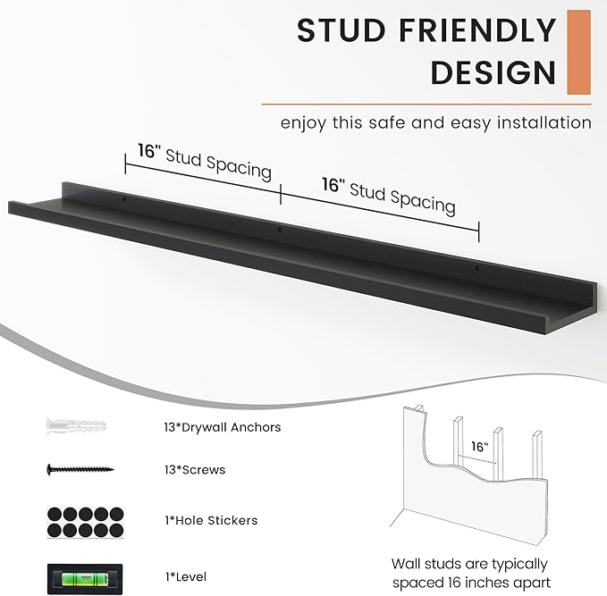 Floating Picture Ledge Shelves for Wall Set of 4, 48 Inch Wall Shelves with Lip Long Large Nursery Book Shelf for Toys Storage Kids Bookshelf Wall Mounted Living Room Bedroom Decor Frames