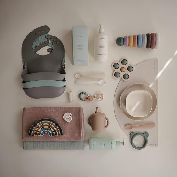 mushie Silicone Baby Bib | Adjustable Fit Waterproof Bibs (Dove Gray)