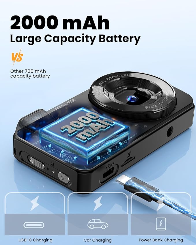 Digital Camera, Autofocus 48MP 4K Camera for Photography with 32GB Card, Portable Compact Point and Shoot Digital Camera for Teens Adult Beginner Kids with Metal Shell, 2000 mAh Battery