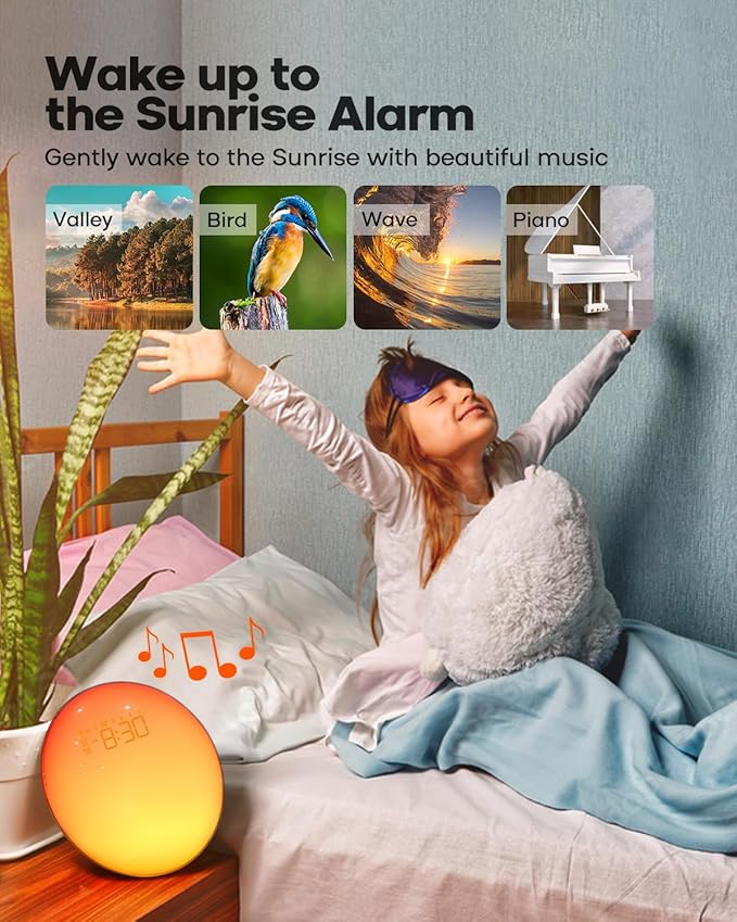 Dekala Sunrise Alarm Clock for Heavy Sleepers, Smart App Control, Bluetooth Speaker, Wake up Light Sunrise Sunset Simulation, White Noise Sound Machine, Night Light for Bedrooms Kids Adults
