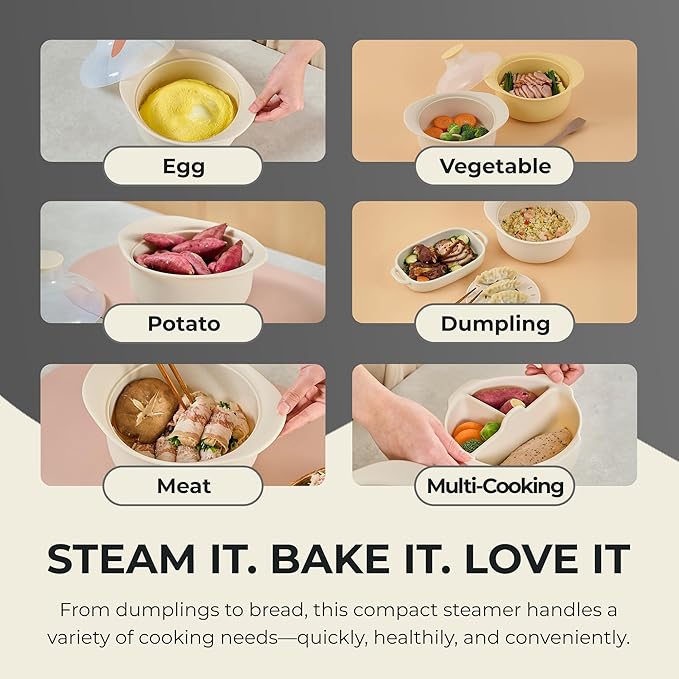 48oz Platinum Silicone 3 Compartmented Microwave Steamer Pot with Handle & Lid - Korea 100% Food-Grade Steamer Bowl, Heat-Resistant Cooker with Steam Holes, Easy Clean, Dishwasher Safe, Ivory