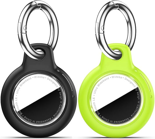 Upgrade Waterproof 2 Pack Airtags Holder with Apple Airtags Keychain, Hard PC Air Tag Case, Anti-Scratch & Shock Air tag Holder, Men's Women's Keyrings & Keychains-Black+Fluorescent Green
