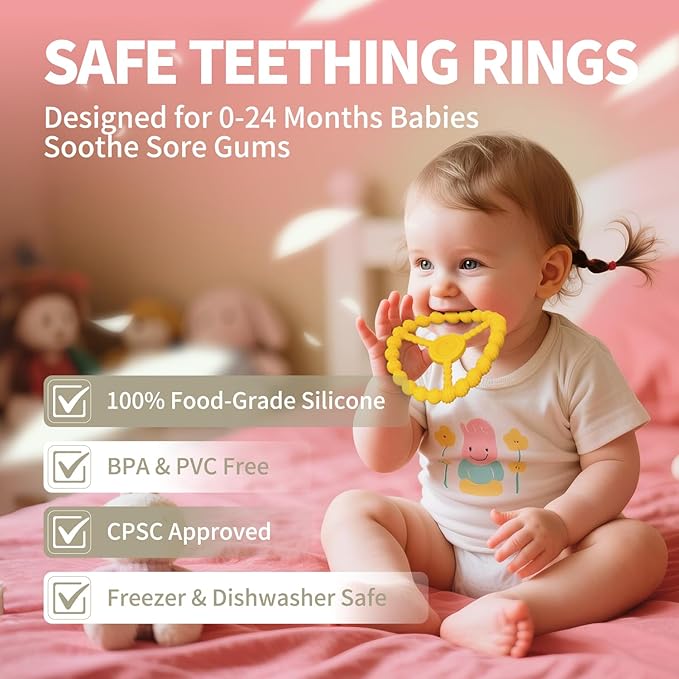 3 Pack Baby Teething Toys 3-6 Months, Silicone Ring Teethers for Babies 6-12 Months, Freezer Safe Chew Toy with Textured Grip for Boys Girls Teething Relief, Infant Easter Gift (Lavender Yellow Red)