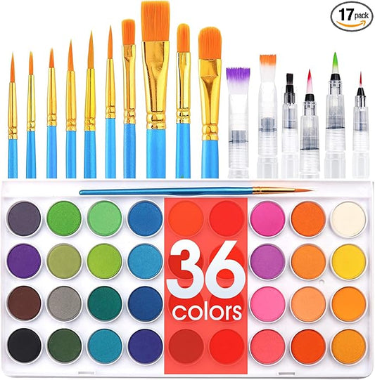 AROIC 36 Colors Watercolor Paint Set, Watercolor Pan Set with 10 Nylon Brushes and 6 Refillable Water Brushes. Perfect for Adults, Children and Beginner Artists.
