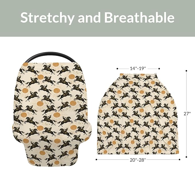 Western Cowboys Sunshine Baby Car Seat Covers Cowboy Horse Sun Stretchy 5-in-1 Cover Adjustable Car Canopy Breastfeeding Cover Wild West Desert Breathable Nursing Cover-Up