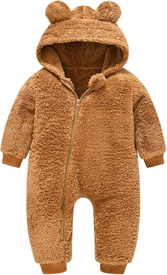 Baby Fleece Jumpsuits Infant Bear Ear Snowsuit Newborn Hooded Romper Warm Coat