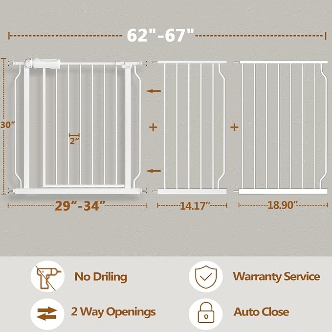 Fairy Baby Extra Wide Baby Gate for Dogs Pressure Monuted Safety Gate for Living Room, Fits 62 Inch to 67 Inch with Pressure Mounted Extention Kit, White
