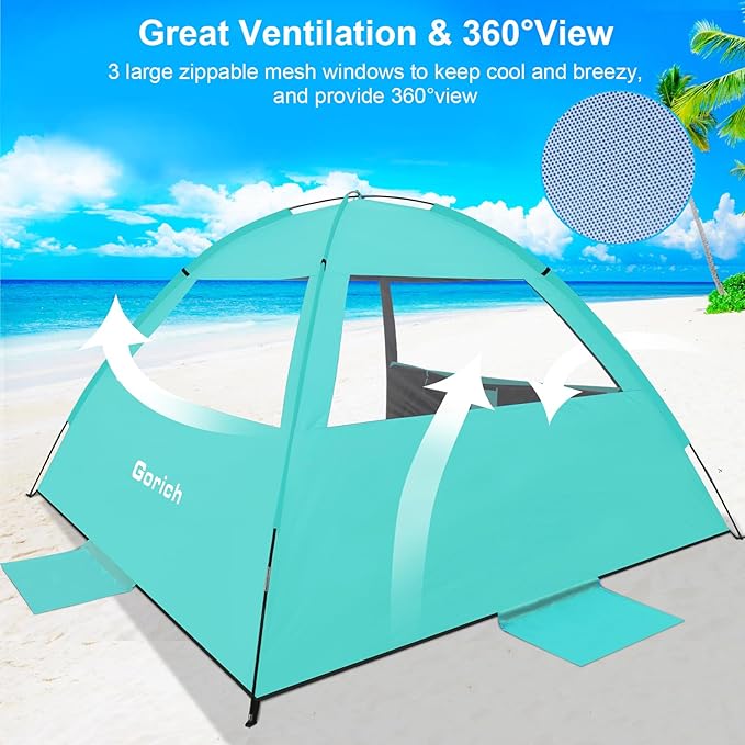 Gorich Beach Tent Sun Shelter for 3/4-5/6-7/8-10 Person with UPF 50＋ UV Protection, Lightweight & Easy Setup Beach Shade Canopy, Portable Beach Shade Tent Beach Cabana
