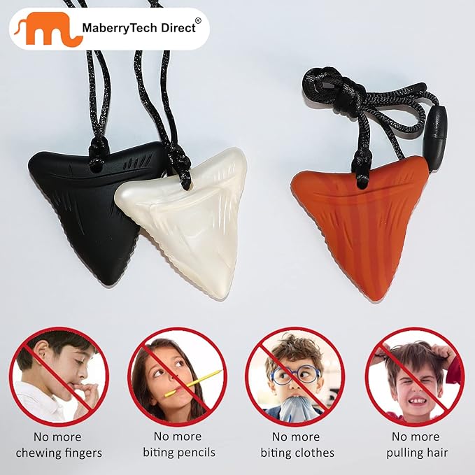 Chewy Necklace Sensory for Kids and Adults, Shark Tooth Silicone Autism Chew Toys Sensory for Boys Girls with ADHD, Anxiety, SPD, 3 Pack Chewing Necklace - BPA Free