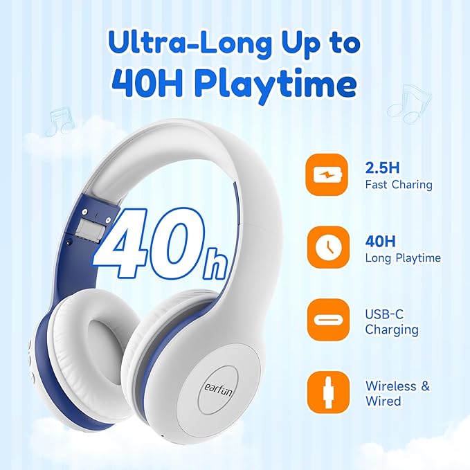 EarFun K2 Kids Bluetooth Headphones, Kids Headphones with Volume Limited, 40H Playtime, Built-in Mic, Stereo Sound, Foldable Over-Ear Headphone for School/Travel/iPad/Tablet, White