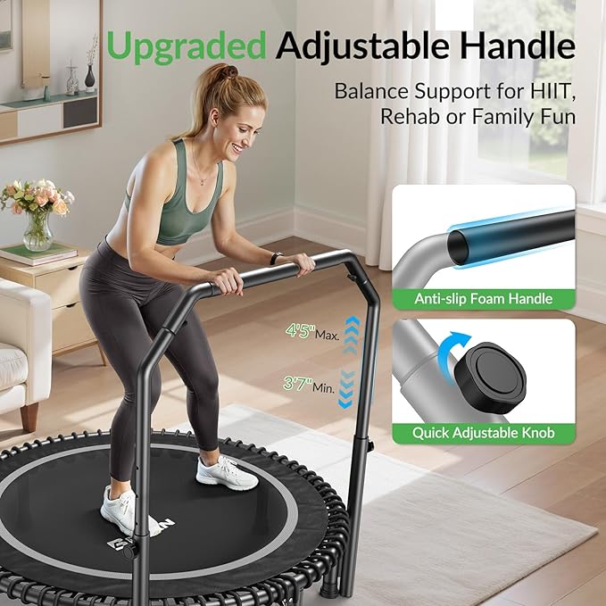 BCAN 40"/48" Mini Rebounder Trampoline for Adults with Bar, 450/550LBS Fitness Trampoline with Bungees, Adjustable Handle, Stable & Quiet, Indoor Outdoor, Whole-Body Workout & Relaxation at Home