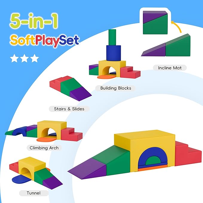 Soft Foam Climbing Blocks Set – Large 5-in-1 Soft Play Toys Crawling & Sliding Climbing Arch for Toddlers, Foam Playset for Nursery,Preschool (Classic American Color)