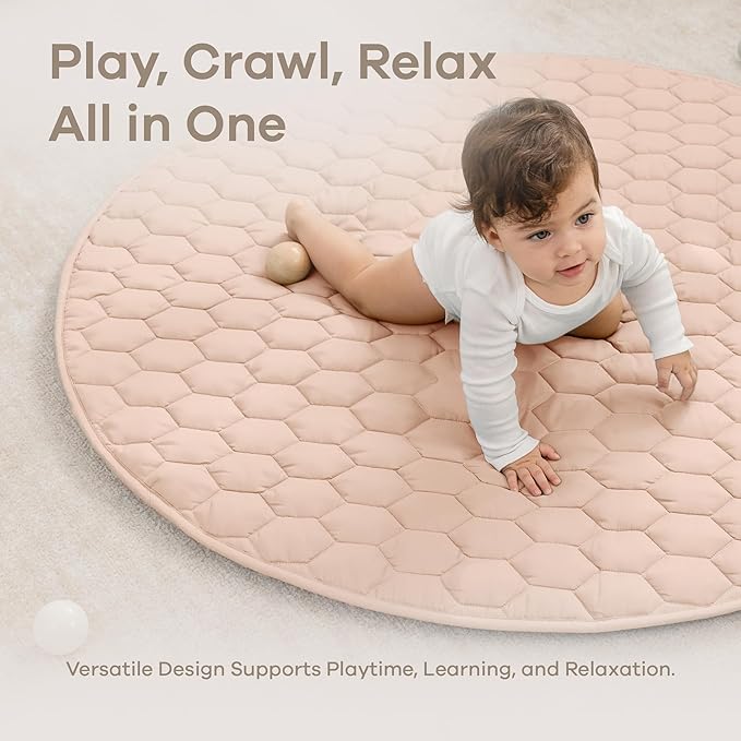 Comfy Cubs Round Kids Play Mat - Medium 48 inches Soft Quilted Baby Floor Mat with Non-Slip Bottom - Plush Design for Toddlers' Playtime and Relaxation - Comfortable and Durable - Blush