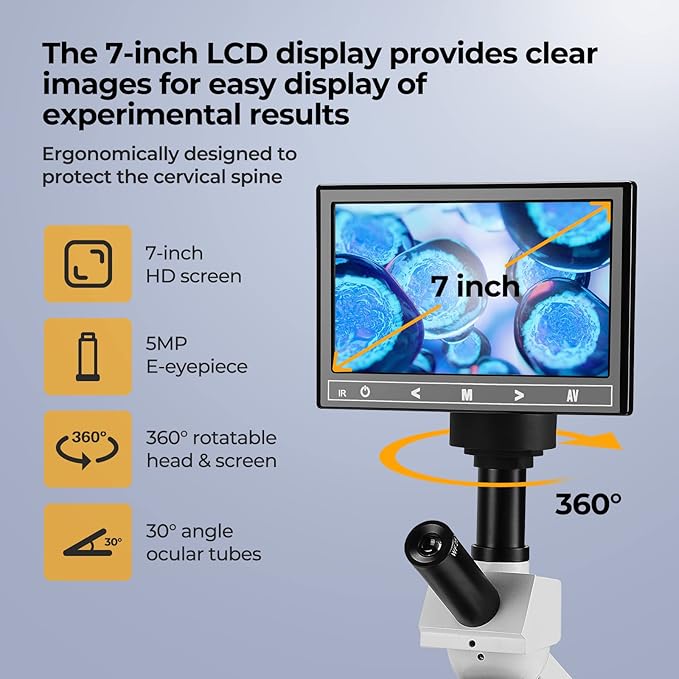 Dual-View Lab Compound Monocular Microscope 40X-2500X Magnification with 7" LCD Display, Wide-Field 4X/10X/40X(s)/100X(Spring Oil) Eyepieces, Adjustable Mechanical Stage, Aluminum Carry Box