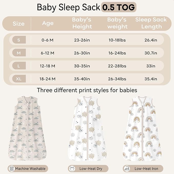 Baby Sleep Sack 12-18 Months 0.5 Tog Wearable Blanket Baby, 3 Pack 100% Cotton Lightweight Sleeping Sack with 2-Way Zipper for Infant Toddler Apricot White Sun Clouds