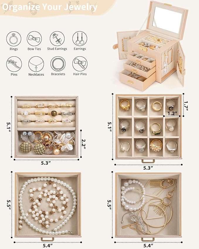 AKOZLIN 4-Tier Jewelry Box Leather Jewelry Storage Organizer with 3 Drawers Lockable for Women Girls Ring Necklace Earring Bracelet Holder with Mirror Champagne
