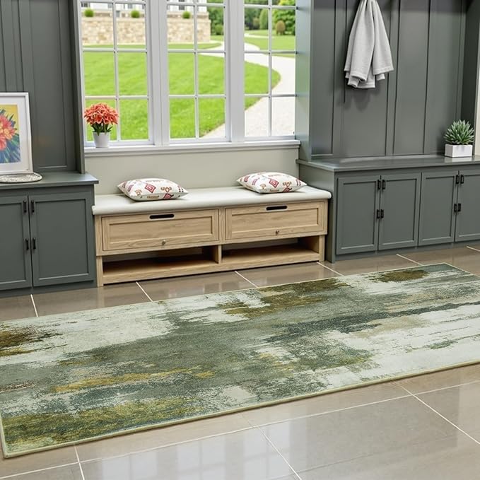 Washable Runner Rug, 2x6 Kitchen Rugs Green Long Runner Rugs with Rubber Backing, Abstract Non-Slip Carpet Runners for Hallways, Kitchen, Bedroom, Laundry, Entrance
