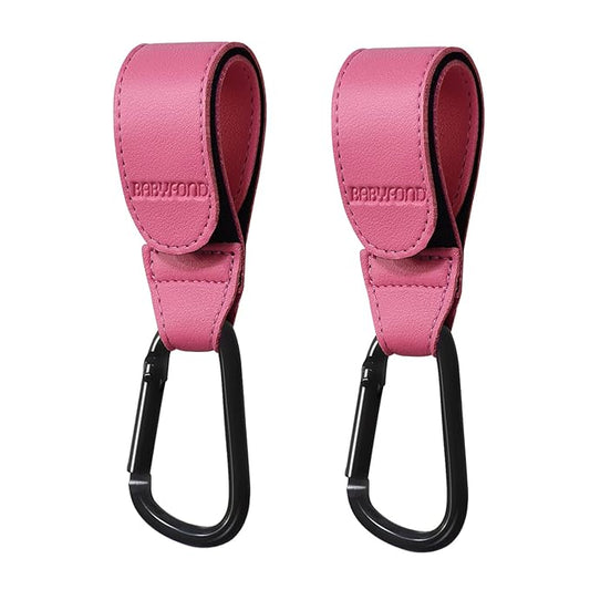 2 Pcs Stroller Hooks for Hanging, Portable Leather Style Stroller Clip Straps, Baby Stroller Hooks for Diaper Bags Grocery Shopping Bags, Mommy Hook for Stroller(Pink)