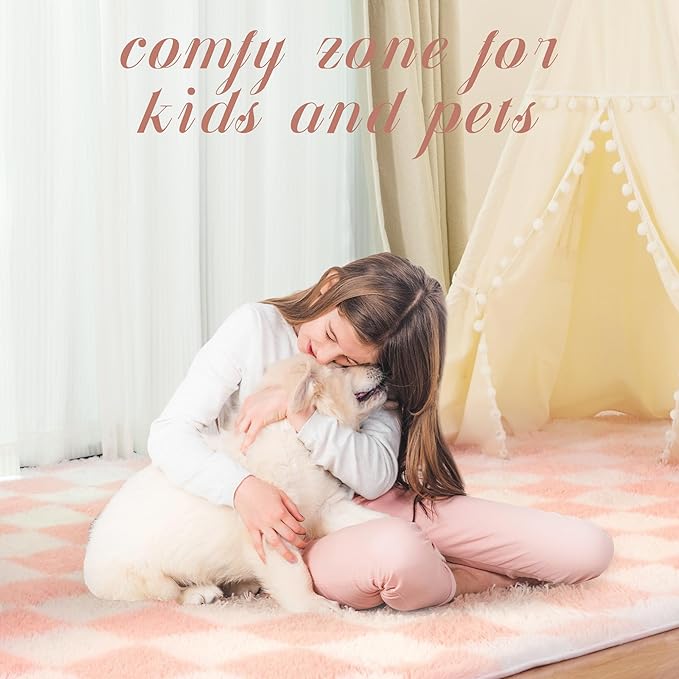 Super Soft Rug for Bedroom, 8x10 Ft Pink and White Area Rug Classic Checkered Shaggy Anti-Skid High Pile Soft Fluffy Rug Fuzzy Carpet for Living Room Bedroom Kids Room Nursery, Dorm Home Decor