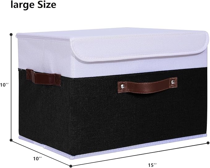 ANMINY 4PCS Storage Boxes with Lid Washable Decorative Storage Bins Basket with PU Leather Handle Foldable Linen Fabric Storage Cubes Containers for Home Closet Organizer - Black White, Large Size