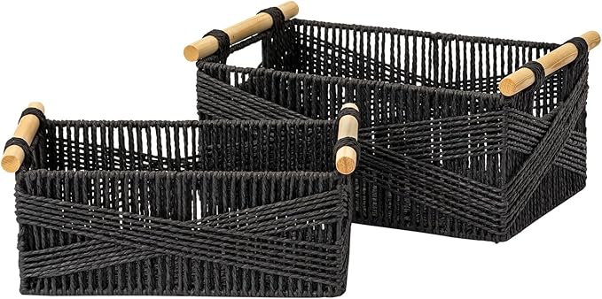 LA JOLIE MUSE Wicker Storage Baskets for Organizing, Recyclable Paper Rope Basket with Wood Handles, Decorative Hand Woven Basket Organizers for Makeup Books Shelves Living Room, Black, Set of 2