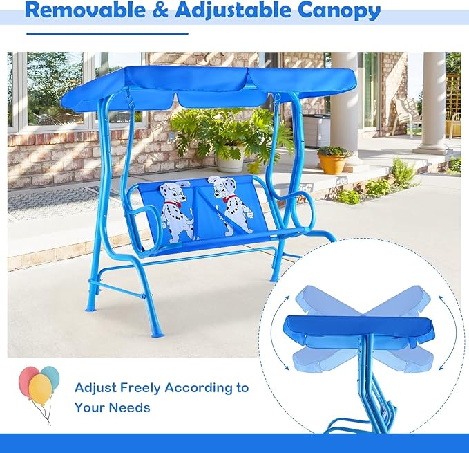 GLACER Porch Swing, Kids Patio Hammock w/Adjustable Canopy & Stand, Safety Belt, 2 Seats Outdoor Swing Bench, Metal Frame Hanging Lounge Chair, Swing Sets for Backyard, Garden, Poolside (Blue Puppy)