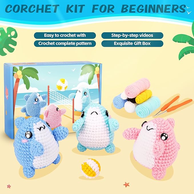 Crochet Kit for Beginners -3 PCS Sharks with a Ball Crochet Kit with Step-by-Step Video Tutorials, Beginner Crochet Kits for Adults Kids, Crochet Animal Kit, Shark Beach Party Crocheting Set