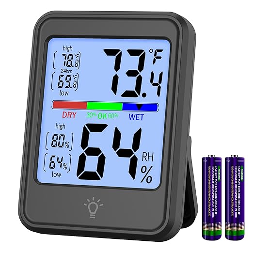 Digital Thermometer Hygrometer, Indoor Wall Thermometer, Indoor Humidity Temperature Monitor with Max&Min Records Backlit for 10S for Greenhouse, Home and Office Measuring Devices