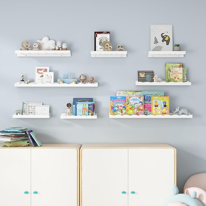 Fun Memories Picture Ledge Shelf for Wall, 16 inch Pine Wood Nursery Book Shelves Set of 4- Wall Book Shelves for Kids Room, Home Decor - Kitchen Spice-White
