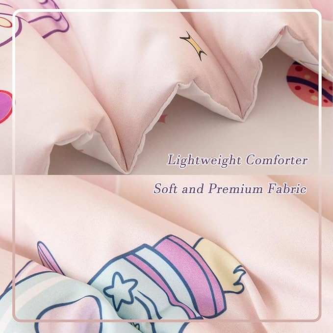 PERFEMET 4 Piece Toddler Girl Bedding Set Space Theme Pink Toddler Bed Set with Sheets Soft Reversible Astronaut Planets Crib Bed Comforter for Kids Girls