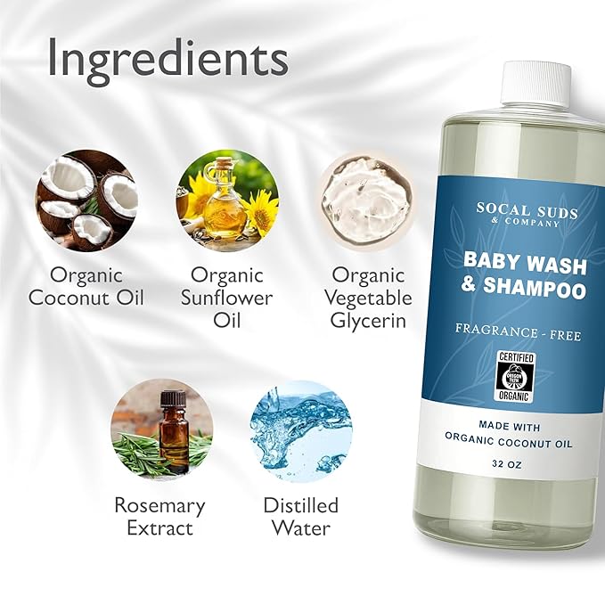 SoCal Suds & Company - 2-in-1 Organic Foaming Baby Wash Castile Soap & Shampoo Refill - Gentle Body Soap for Sensitive Gentle Bath -Nourishing Soothing Ingredients -Newborn Baby - Fragrance Free, 32oz