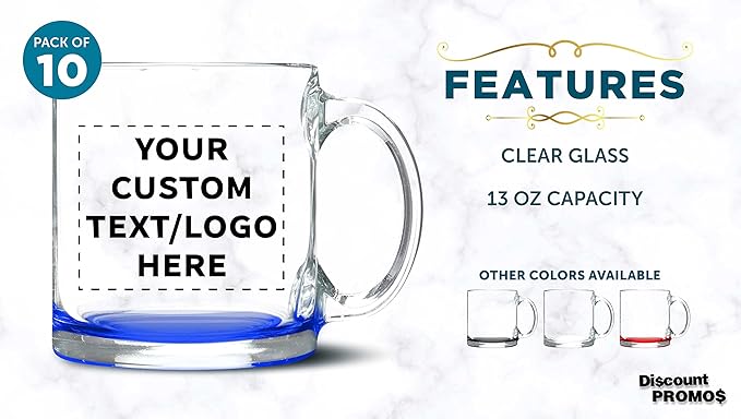 Custom Libbey Clear Glass Coffee Mugs 13 oz. Set of 10, Personalized Bulk Pack - Perfect for Coffee, Tea, Espresso, Hot Cocoa, Other Beverages - Blue Bottom