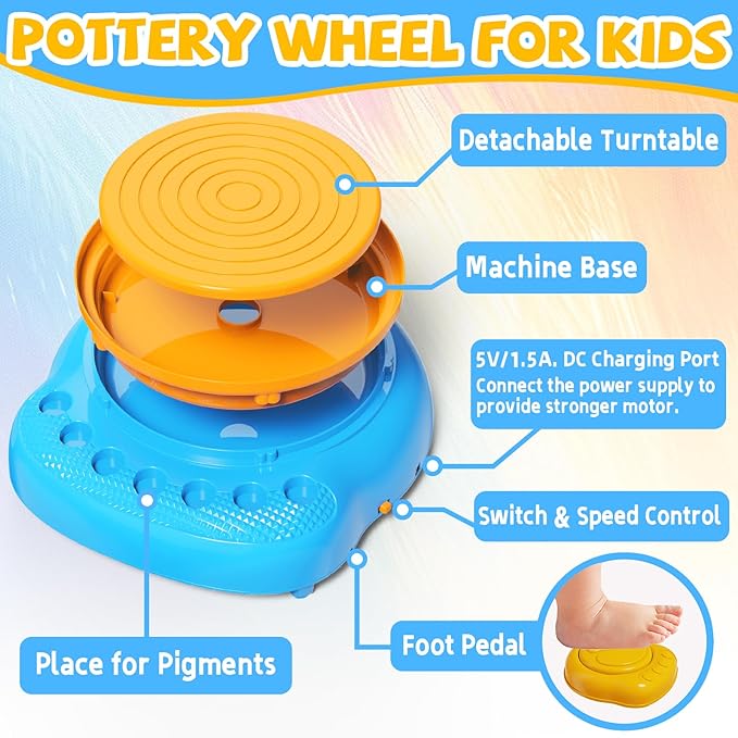 Vinkp Pottery Wheel for Kids - Complete Pottery Painting Kit Arts and Crafts for Kids Ages 8-12 with Air Clay Art Supplies for Girls Boys Toys Birthday Christmas Gifts for 6 7 8 9 10 11 12 - Blue